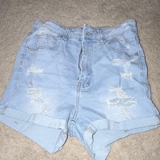 SHEIN Women's Light Blue Distressed Denim Cut Off Shorts M Cuffed 5-Pocket