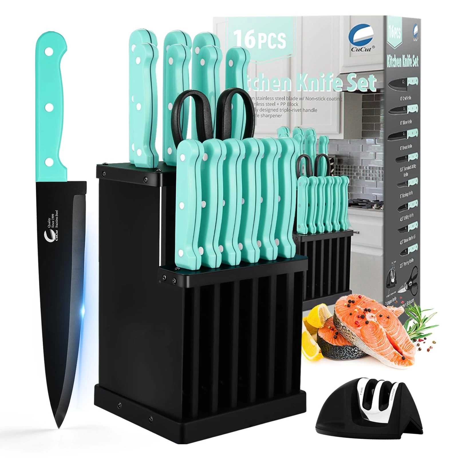 16-Piece Kitchen Set with Block - High Carbon Stainless Steel , Black Non-Sti...