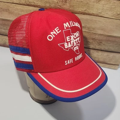 VINTAGE 3 Stripe RED WHITE BLUE Mesh TRUCKER Hat Snapback Exon Safety USA - Image 1 of 4