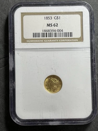 1853 NGC MS62 Gold Dollar $1 Liberty Head US Mint Coin MS-62