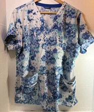 Carhartt Force Scrub Top Women's Large V-Neck 2 Pocket Blue Multicolor Medical