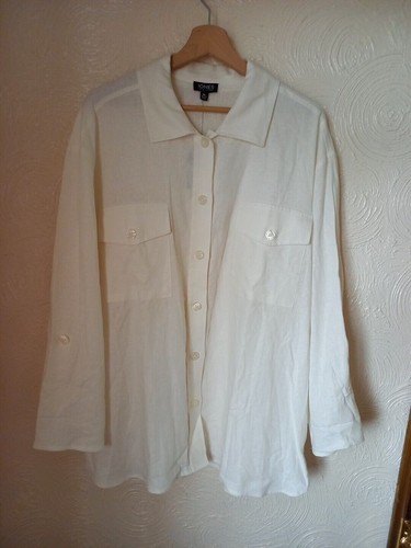 Jones New York Women's Linen Mix Shirt Jacket Shacket XL UK 20-22 Ivory Roll Tab