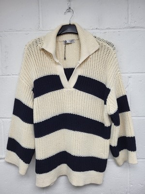 Zara Grobstrickpullover Pullover creme & dunkelblau gestreift. Größe M/L. PWB
