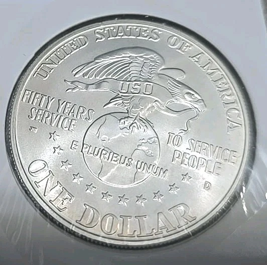 1991 D USO 50th Anniversary Uncirculated Commemorative Silver Dollar Coin $1 - Image 2 of 2