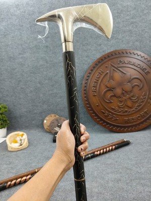 Antique Silver Shiny Axe Handle Cane Black Wood Walking Stick Impressive Gift