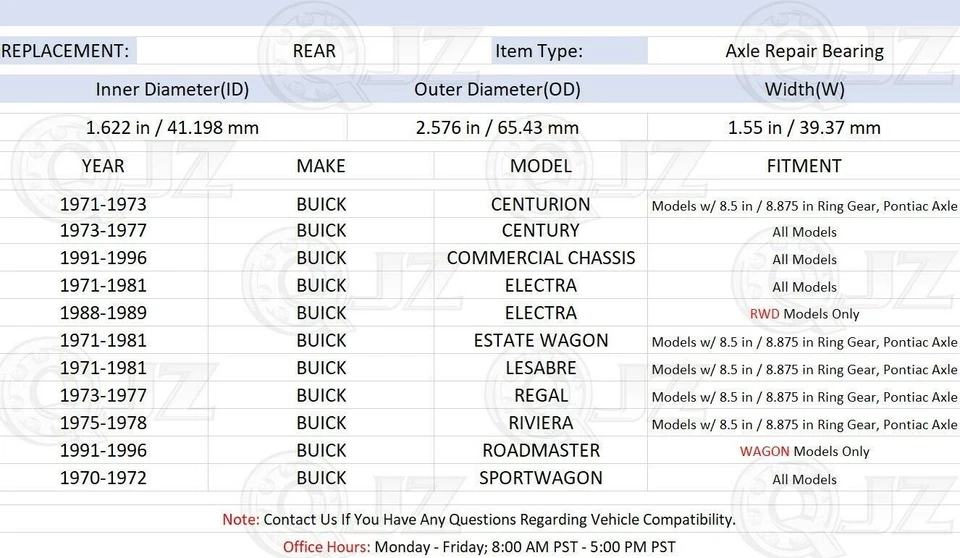 [TRASERO (cantidad 2)] Repuesto de cojinete de eje para Buick LeSabre 1971-1981 2x2 Foto 2 de 4