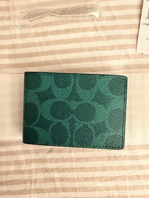 CW368 Green Coach Signature Logo Compact Bifold Wallet Brand New