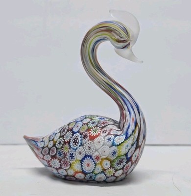Murano Millefiori Art Glass Swan Sculpture Figurine Paperweight Satin Finish 5''