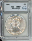 1986 American Silver Eagle ICG MS69+ $1 1oz .999 Fine Silver Coin First Year