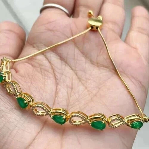 Brazalete de tenis para mujer 5 quilates enchapado en oro amarillo de 14 k con esmeralda/circonita cúbica simulada de pera Foto 3 de 4