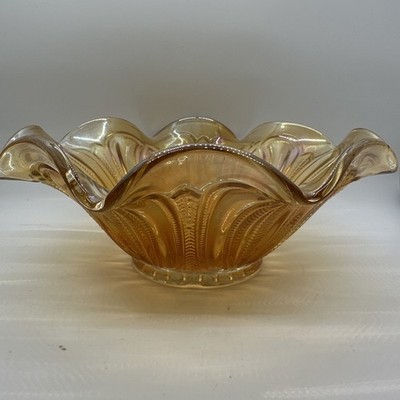READ - Bartlett Collins Feathered Arrow Marigold Carnival Glass Bowl Ruffled 8 