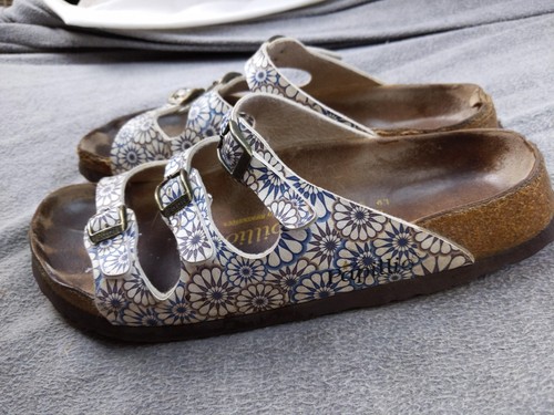 Papillio Birkenstock Schuhe Damengröße 9 weiß blau Blumenmuster Sandalen Komfort Kork