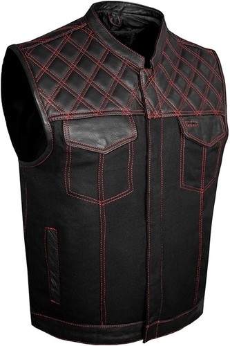 SOA Men's Motorcycle Club Denim & Leather Vest w/ 2 Concealed Carry Pocket - Picture 20 of 34