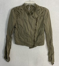 Free People Sz 0 Linen Cotton Eyelet Moto Jacket Olive Green Zip Asymmetrical XS