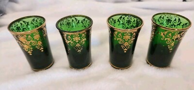 Set-4 Elegant Cristallerie Emerald Green Shot Glasses Gold Italy Tequilla Liquor