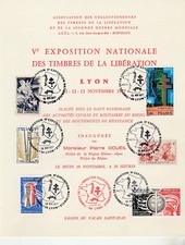 grand document double exposition des  timbres de la libération 69 Lyon 1977