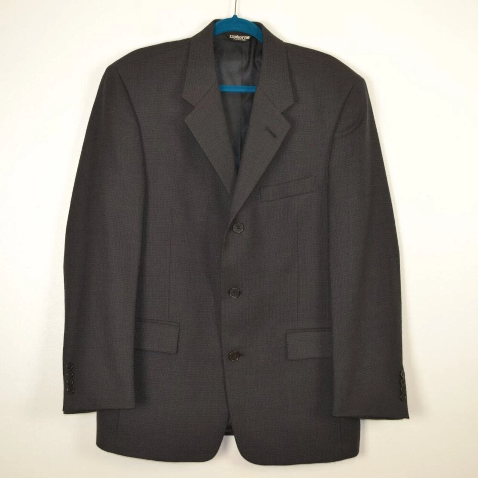 Claiborne Mens 40R Worsted Wool Button 1 Pocket Lined Pattern Blazer Jacket Blue