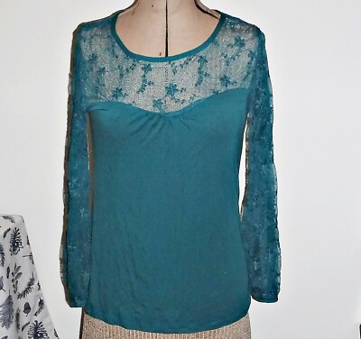 COOLER 80ER JAHRE STIL JADE SPITZE LANGARM & TOP RUNDHALS BAUMWOLLE ELASTIN BODY 14