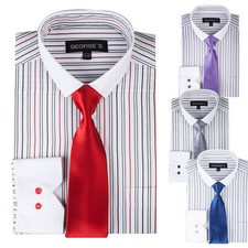 Men's Contrast Colored Striped Dress Shirt with slim Tie By George's SG41