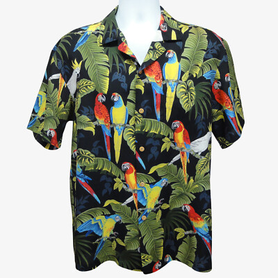 VTG Paradise Found Hawaiian Shirt Sz Medium Black Parrot Cockatoo Magnum PI 80s