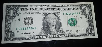 2013 $1 ONE DOLLAR BILL -Binary- FANCY SERIAL NUMBER -F36663636I