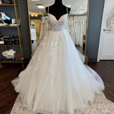 Spaghetti Strap Tulle Wedding Dresses Appliques Backless Sweep Train Bridal Gown