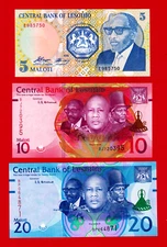 LESOTHO UNC NOTES 5 MALOTI 1989 P-10a, 10 Maloti 2021 P-26 & 20 Maloti 2021 P-27