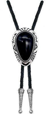 Black Stone Bolo Tie Native Western Cowboy Handmade Genunie Leather Bola Tie ...