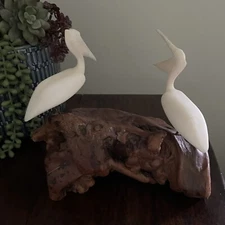 Vtg 2 White Pelicans Open Beaks Sculpture by John Perry Burlwood Base