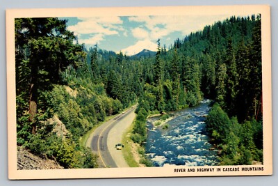 River And Highway In Cascade Mountains Pacific Northwest c1940 Vintage Postcard
