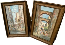 Italian watercolor art PAIR paintings street scenes possibly Naples by Esposito