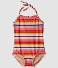  59 Toobydoo Kids Girl Orange Stripe Stretch One Piece Halter Swimsuit Size 1-2