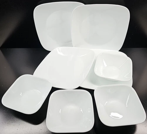8 Pc Corelle Pure White Dinner Plates Soup Bowls Set Corning Square Dishes Lot