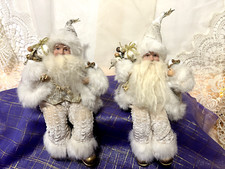 Vtg Pair Christmas Santa Claus Plush Shelf Sitter 14" Sitting Beige White Gold