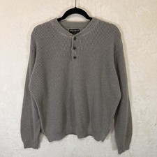 VTG Eddie Bauer Henley Sweater Mens L Beige Waffle Knit Fisherman UK Made