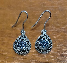 Estate 925 Sterling Silver Sapphire Gemstone Cluster Dangle Pierced Earrings