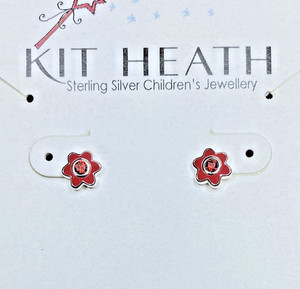 Kit Heath Hallmarked Sterling Silver Kids July Birthday Red Flower Earrings NWT