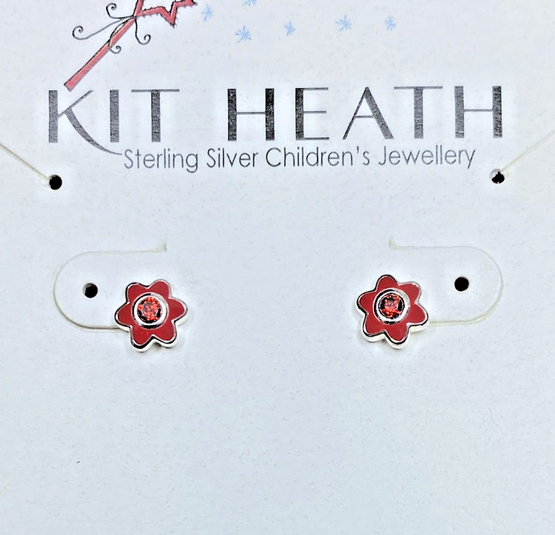Kit Heath Hallmarked Sterling Silver Kids July Birthday Red Flower Earrings NWT