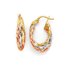 NEW 14K TRI COLOR GOLD 3 LINE TWISTED HOOP EARRINGS
