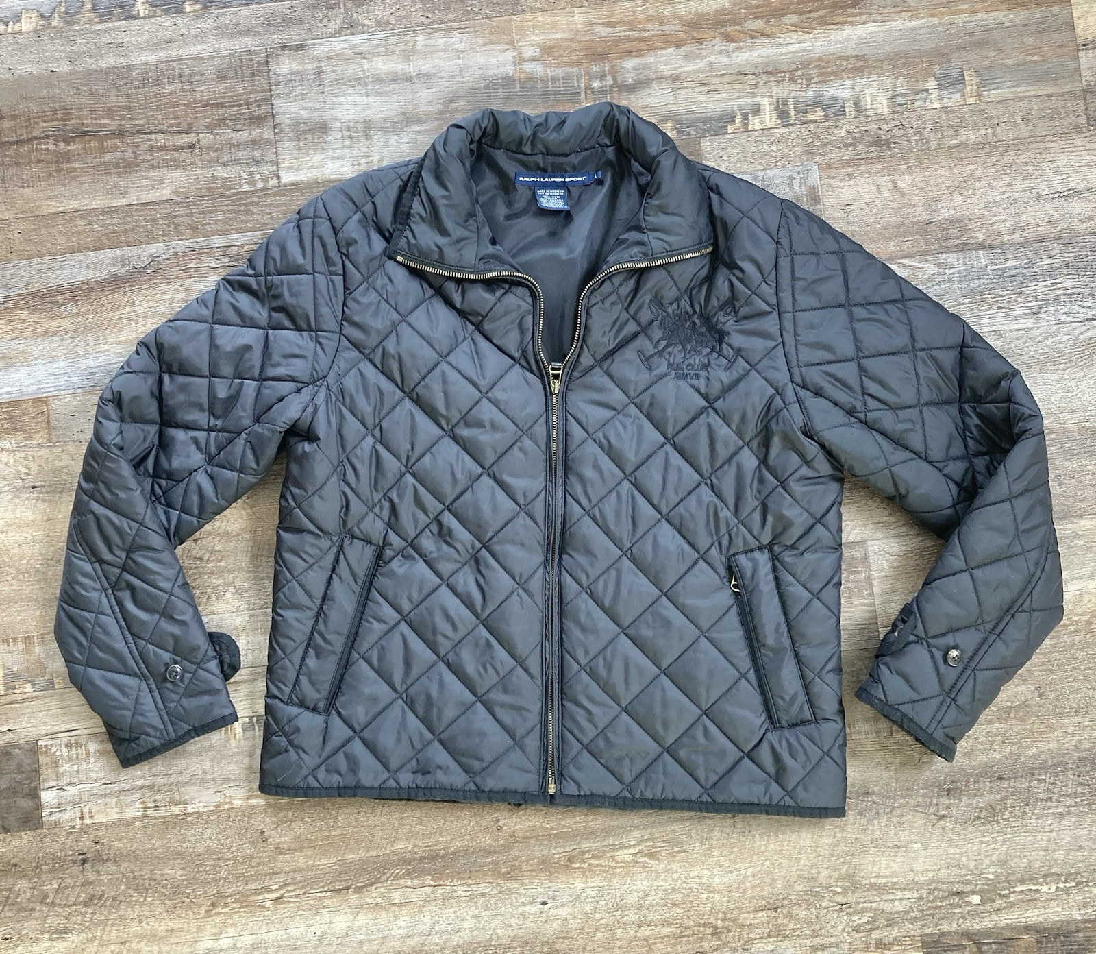 Giacca sportiva vintage Ralph Lauren donna logo L equitazione pony nero imbottito trapuntato
