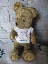 Ancien peluche ours vintage paille Teddy Bear 43 cm avec son bavoir brodé