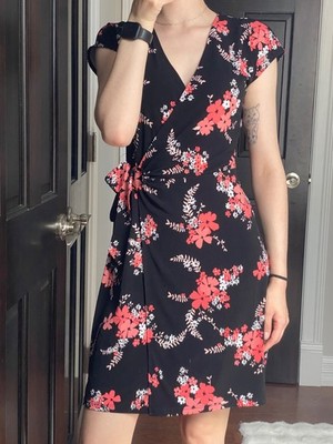 Michael Kors Floral Wrap Dress Women s Small Black Pink Short Sleeve Midi Dress