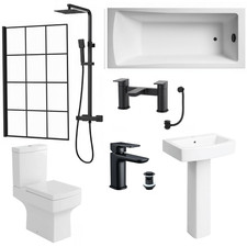 Complete Bathroom Suite Black Taps Bath Tub Toilet Shower Screen Basin Pedestal