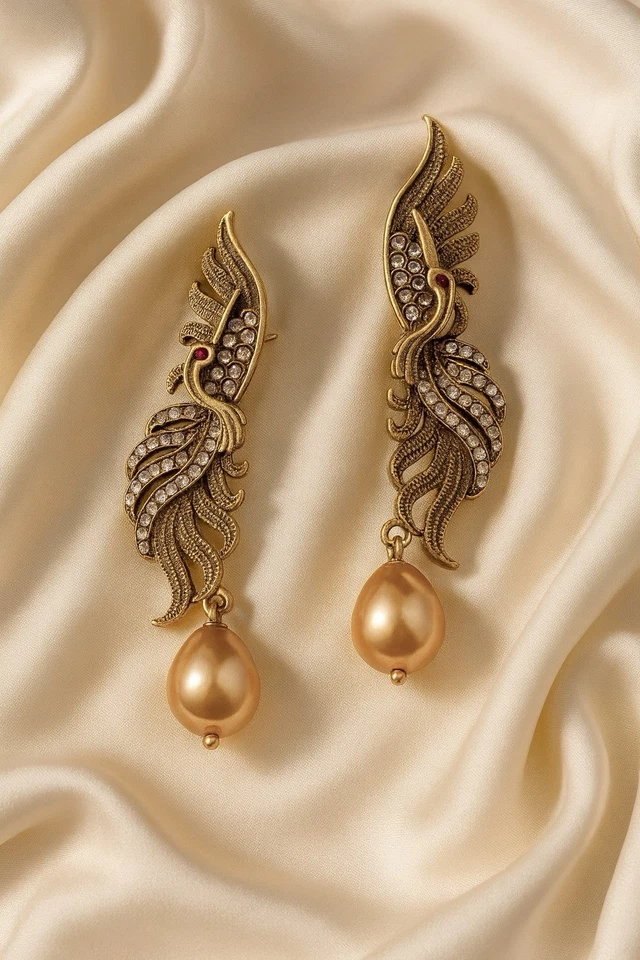 Phoenix Firebird Bird Earrings Art Museum Gold CZ 18k Revival VTG Palace Boho - Image 2 of 4