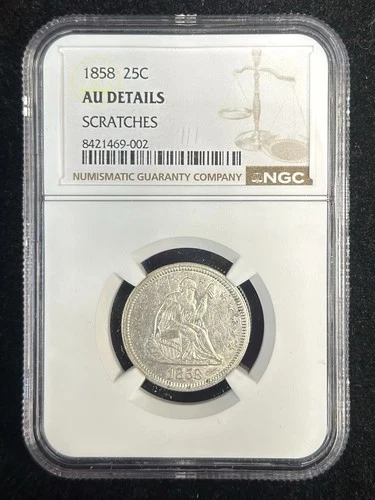 1858 P Seated Liberty Quarter NGC Certified AU Details