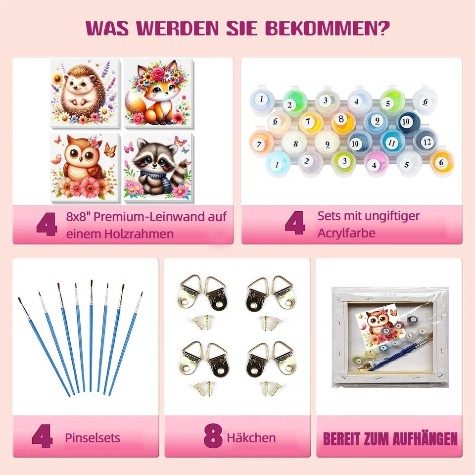 Malen nach Zahlen 20 x 20 cm Eule Fuchs Igel Waschbär Malen Nach Zahlen - Bild 4 von 4