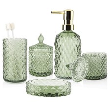 5Pcs Glass Bathroom Accessories Set,Green Vintage Bathroom Accessory Set, Bat...