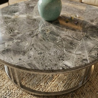 Modern Smoky Grey Marble Coffee Table - Natural Stone Slab Round Center Table
