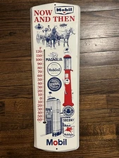 Mobil Now And Then Metal Thermometer Mobil Pegasus Gas & Oil Sign