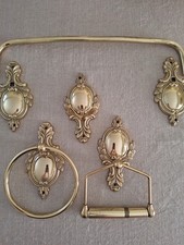 Vtg Hollywood Regency Brass Bathroom Set Ornate Towel Bar Ring Holder Hook, MCM